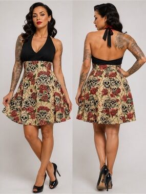 Rockabilly Skull & Rose Halter Dress Retro Pinup A-Line Skater Dress Sz XL